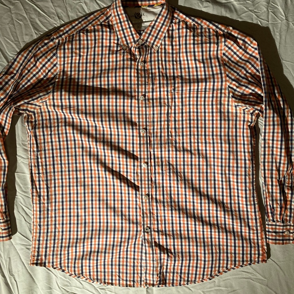 Club Room Orange and Blue Plaid Long Sleeve Button-Up Shirt
